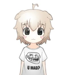 an anime character wearing a t - shirt with the word u mad on it