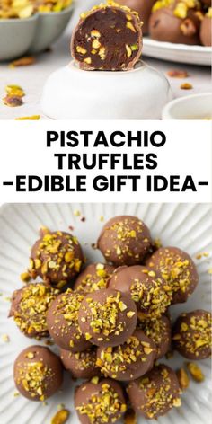 pistachio truffles - edible gift idea with text overlay that reads, pistachio truffles - edible gift idea