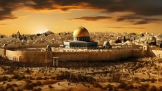 an aerial view of the dome of the rock in the middle of the desert with many people walking around it