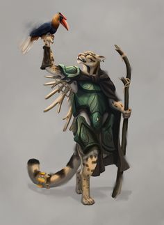 a bird perched on top of a statue of a cat holding a stick and wearing a costume