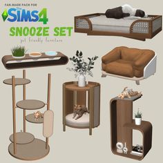 an assortment of cat furniture including a bed, couch and table with cats sleeping on it