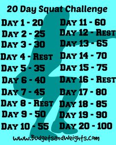 the 20 day squat challenge is shown in black and white with blue text on it