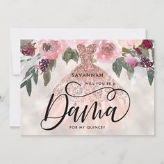 a card with the words dana written on it and pink flowers in front of it