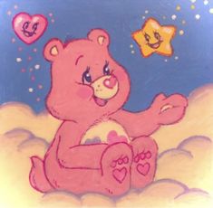 a drawing of a pink teddy bear sitting in the clouds with hearts and stars above it