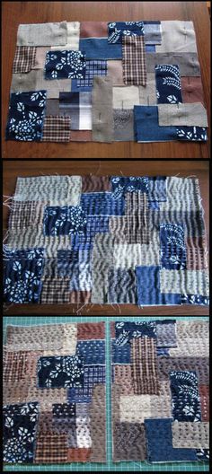 two pieces of quilt sitting on top of a wooden table next to each other,