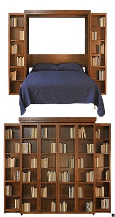 two bookshelves and a bed with a blue bedspread are shown side by side