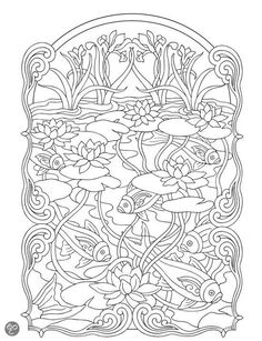 an intricately designed coloring page with fish and flowers in the center, surrounded by water lilies