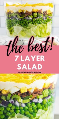 two layered salads with peas, lettuce and cheese in the bottom layer