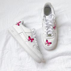 Custom Air Force 1 Butterfly Pink-shecustomize Air Force 1 Butterfly, Shoe Embroidery, Shoe Artwork, Black Air Force 1, Nike Custom, Air Force 1 Sneakers, Rose Butterfly, Air Force 1 Custom, Custom Air Force 1