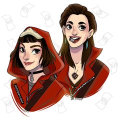 two women wearing red hoodies and one has an evil look on her face