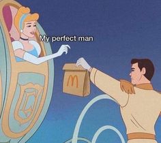 an animated image of a man handing something to a woman