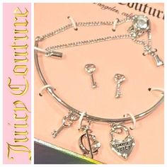 New In Box Bracelet Is Adjustable Earrings Measure .5" See More Jc In My Closet Juicy Cotoure Charm Bracelet, Juicy Couture Charms Bracelet, Juicy Couture Bracelet, Key Bracelet, Strawberry Charm, Leather Bangle, Juicy Couture Charms, Juicy Couture Jewelry, Toggle Bracelet