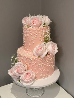 Wedding cake, pearls, sprinkles, Roses, colourmill baby pink 2 Layer Anniversary Cake, 3 Tier Pink And White Wedding Cake, Three Tier Pink Birthday Cake, Pink And White 18th Birthday Cake, Pink Cake For 18th Birthday, Cake Two Tier Birthday, Pink Three Tier Cake, 3 Layer Pink Cake, Hard Cake Designs