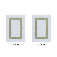 two white and beige square shaped rugs on top of each other, with measurements for each