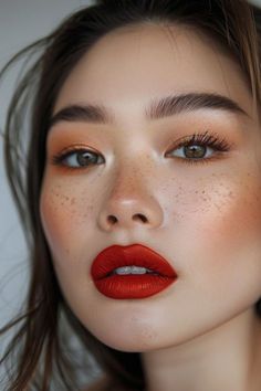 Long Eye Makeup, Burnt Orange Lipstick Makeup, Orange Red Makeup, Warm Red Lipstick, Orange Lipstick Makeup, Makeup Bibir, Red Orange Lipstick, Autumn Makeup