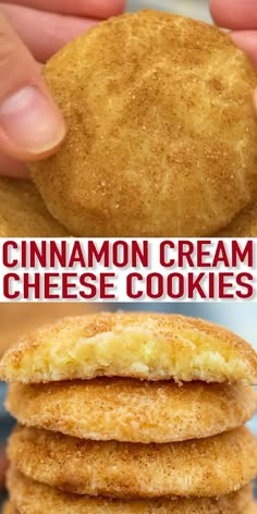 three different types of cheese cookies stacked on top of each other with the words cinnamon cream cheese cookies above them