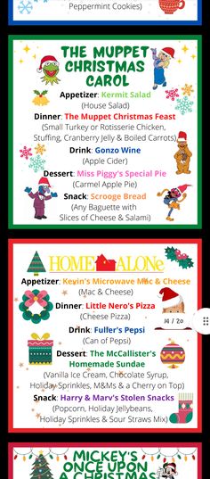 two christmas menus with the names of different types of food and drinks on them