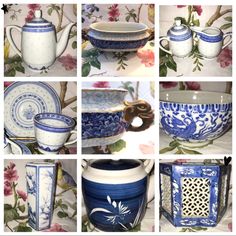 many different blue and white vases with flowers on them