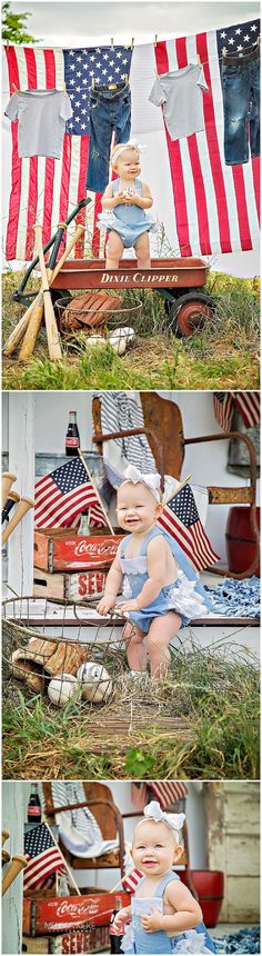 a baby sitting in front of an american flag