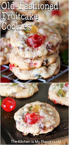 old fashioned fruitcake cookies with cherries on top and the words, old - fashioned fruitcake cookies