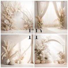 four different shots of flowers and vases in front of a white wall with curtains