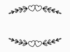 a black and white drawing of two hearts with leaves on the bottom, one in the middle