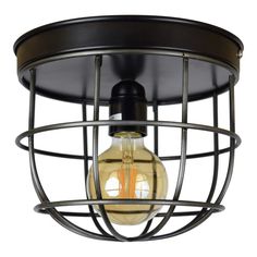 the caged light fixture has an orange bulb in it's center and is hanging from