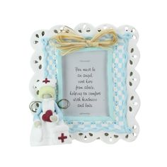 a white and blue frame with a nurse keychain