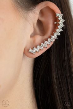 Encased in studded silver fittings, pairs of glassy white rhinestones stack into a zigzagging frame up the ear for an electrifying fashion. Features a dainty cuff attached to the top for a secure fit. Sold as one pair of ear crawlers. Ear Crawler Earrings, Ear Crawlers, Crawlers Earrings, Jewelry Images, Paparazzi Accessories, White Rhinestone, The Ear, Black Earrings, Chic Jewelry