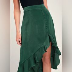 Soft Satin Fabric Sweeps From A High Banded Waist Into A Chic Midi-Length Skirt With A Ruffled High-Low Hem. A Covered, Decorative Button Placket Adds Cute Details To This Skirt That Can Take You From 9-5 All The Way Into Date Night. Hidden Side Zipper/Clasp. Unlined. Bottom Measures 15.5" From Back. Self: 100% Polyester. Green Ruffled Skirt For Brunch, Green Asymmetrical Skirt With Ruffles, Lulu Skirt, Guest Attire, Wedding Attire Guest, Midi Length Skirts, Poison Ivy, Green Satin, Women Skirts Midi