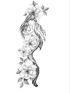 a drawing of a mermaid with flowers in her hair