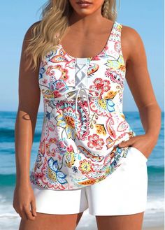 Color:White;Size:1X;Size:2X;Size:3X;Bra Style:Padded;Support:Wire Free;Pad Style:Removable;Strap Style:Adjustable;Package Contents:1 X Top , 1 X Shorts;Occasion:Sport; White Tankini, Shapewear Swimsuit, Plus Size Tankini, Trendy Swimsuits, Plus Size Lace, Printed Tankini, Swimwear Bottoms, Tankini Set, Plus Size Swimwear