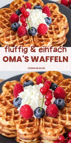 waffles with berries and whipped cream on top are shown in this collage