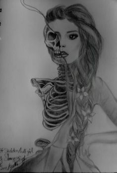 a drawing of a girl with a skeleton in her hand and a snake on her shoulder