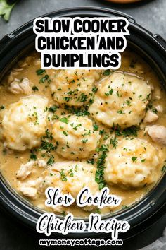 slow cooker chicken and dumplings recipe in a black bowl with text overlay