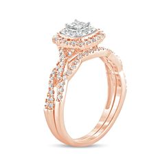 a rose gold engagement ring set with an oval diamond center