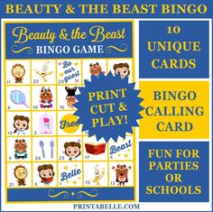 the beauty and the beast printable game is shown in blue with yellow trims