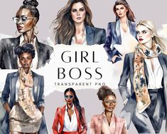 watercolor fashion illustrations featuring women in suits and ties, with the words girl boss transparent