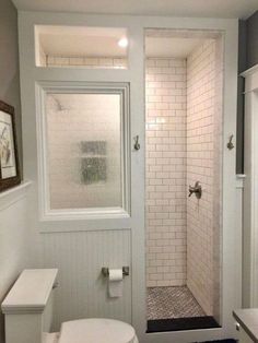 a white toilet sitting next to a walk in shower