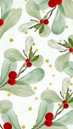 a watercolor painting of green leaves and red berries on a white background with gold flakes