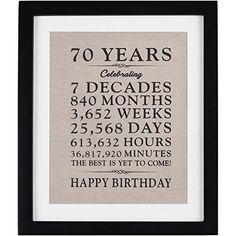 a framed birthday card with the words 70 years celebrating, 7 decades and 3 months