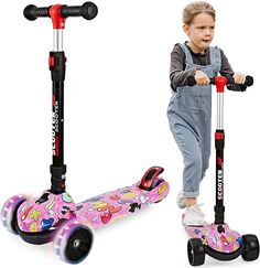 two children's scooters with wheels and handles