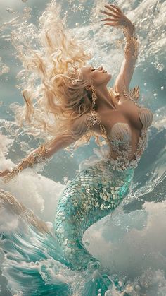 a beautiful woman in a mermaid costume is swimming through the water with her hair blowing in the wind