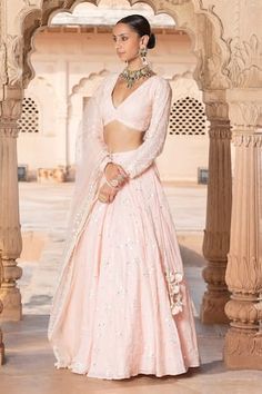 Blush pink lehenga with thread embroidered floral jaal patterns, embellished by mirrorwork. Comes with matching padded blouse and dupatta. - Aza Fashions V-neck Lehenga With Resham Embroidery For Diwali, Diwali Lehenga With Resham Embroidery And V-neck, Baby Pink Indian Outfit, V-neck Lehenga With Mirror Work For Wedding, Pink Lehenga With Chikankari Embroidery For Reception, Pink V-neck Wedding Sets, Pink Fitted Choli With Chikankari Embroidery, Pink Indian Outfit, Lehenga Sarees