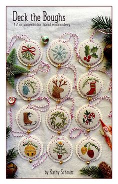 christmas ornaments are displayed on a table