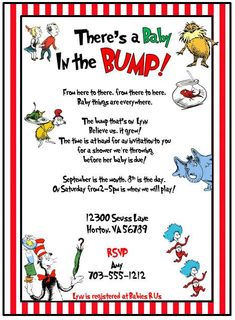 the cat in the hat baby shower party poster with dr seuss and his friends