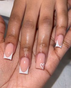 Heart French Nail, French Tips Nails With Heart, Cute Short Back To School Nails, Simple Nail Designs Short Square, Basic Nails French Tip, First Time Nail Ideas, White And Pink Nails With Designs, Simple Girly Acrylic Nails, French Tip Nails Natural Nail