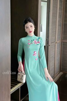 ❣️ This set includes one Ao Dai Top and Pants Style: Traditional  Material: Lua My Silk. Stretchy ❣️ This beautiful and modern ao dai set is perfect for any special occasions: Lunar NewYear, Mid Autumn Festival, Attending Wedding, or a Family photoshoot. ❣️ Please note: - Sizing may run 1-2 sizes smaller than American standard sizes, please refer to the sizing charts for sizing. - Please contact me if you have any questions ❣️We are proud to provide you with the highest quality fabric, handpicke Traditional Fitted Cotton Ao Dai, Fitted Embroidered Sets For Spring, Embroidered Fitted Sets For Spring, Embroidered Fitted Set For Spring, Fitted Embroidered Spring Sets, Long Sleeve Cotton Ao Dai For Spring, Spring Cotton Long Sleeve Ao Dai, Spring Long Sleeve Cotton Ao Dai, Spring Cotton Ao Dai Fitted