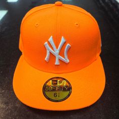 Sz 6 7/8 Fitted Cap Orange Ny Yankee Casual Orange Hat For Sports Events, Fitted Orange Casual Hat, Casual Orange Baseball Cap For Sports Events, Orange Snapback Baseball Cap For Spring, Orange Casual Baseball Cap For Sports Events, Curved Brim Orange Hat For Streetwear, Casual Orange Baseball Cap With Flat Bill, Orange Snapback Baseball Cap For Summer, Casual Orange Flat Bill Baseball Cap