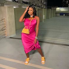 Satin Dress With Sneakers, Hot Pink Satin Dress, Dresses With Tennis Shoes, Satin Dress Outfit, Dress And Sneakers